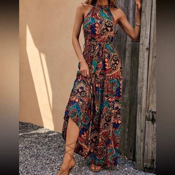 Boho print belted halter maxi dress PAST FEW - Picture 5 of 6